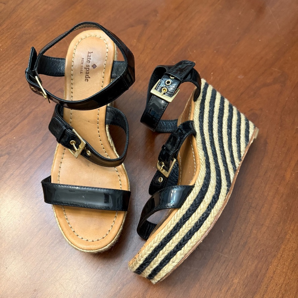 kate spade Black Patent Leather Striped Espadrille Wedges